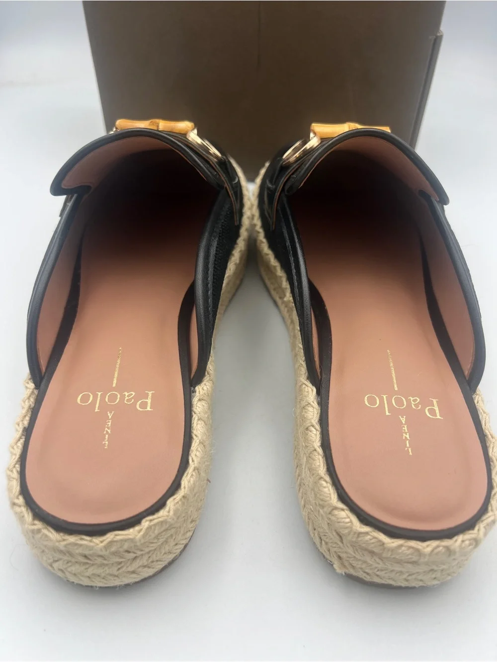 Linea Paolo Shiloh Bamboo Espadrille Mules Black w/Nappa Leather Trim Size 9 NWB